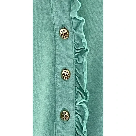 Tory Burch Lidia Polo Shirt Womens M Sage Green Button Ruffle Pima Cotton Modal - Picture 3 of 8